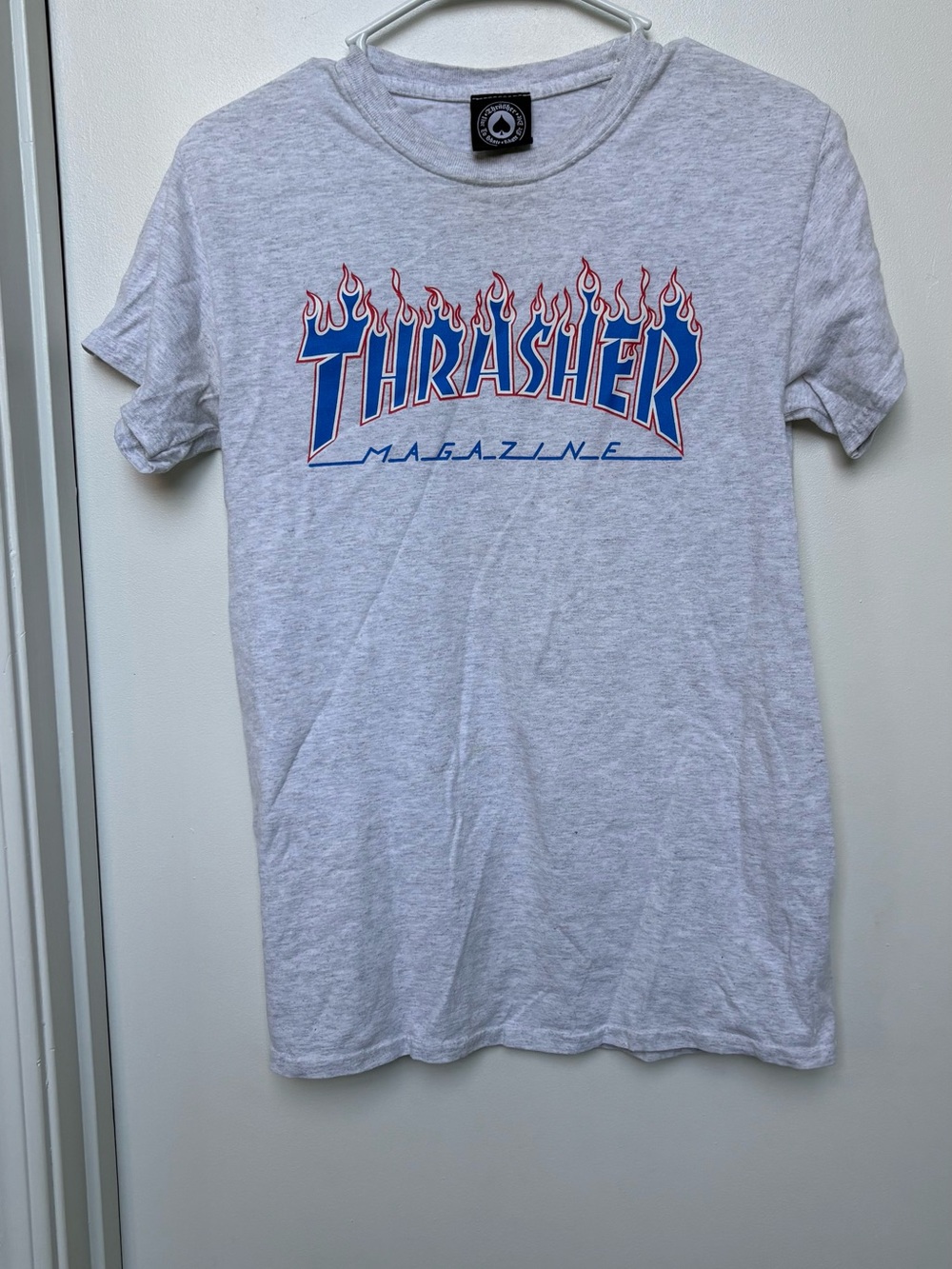 Thrasher Light Gray Tee with Blue and Red Flame Logo